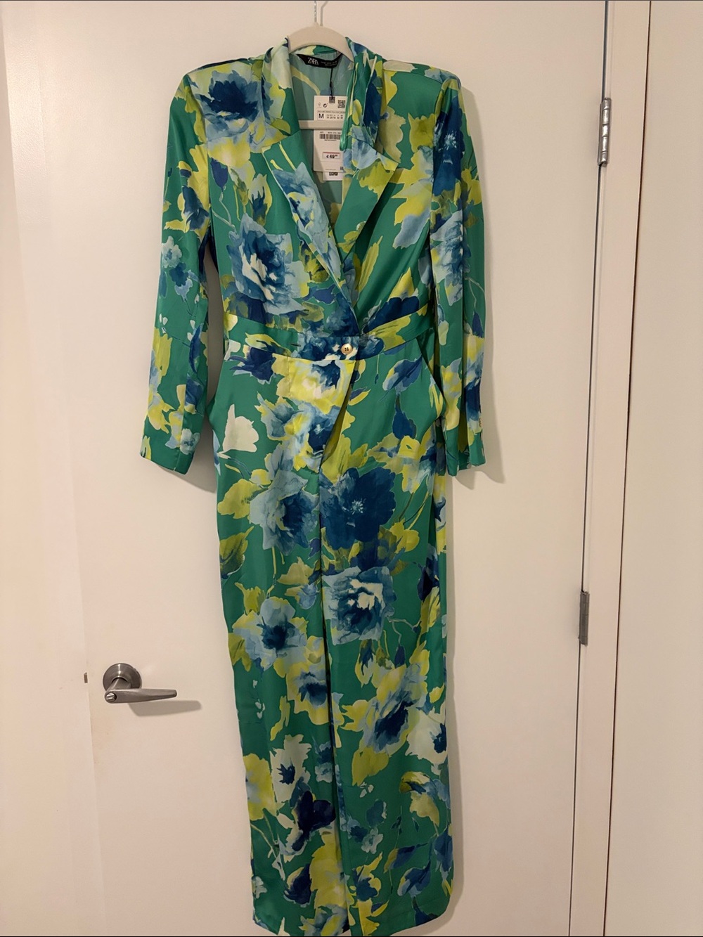 Zara Green Floral Wrap Jumpsuit with Blue and Yellow Accents